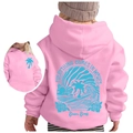 Pink kids hoodie with blue Chasing Sunsets back print and palm tree chest logo - Pink/Blue Print / 100cm