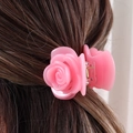 Pink rose acetate hair claw clip for high ponytail styling on brunette hair - Pink Rose Flower-H373