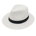 Classic white Panama straw hat for men with black ribbon band and wide brim for sun protection - One Size / White