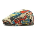 Retro ethnic jacquard beret with comic patterns and metal buckle in side-back view - Adjustable / Khaki