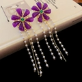 Elegant purple flower earrings with green gemstone and long white pearl tassels - 75 Silver Earring Post - Gold Purple Transparent Flower Pearl Tassel