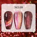 Macro detail of deep red shimmering cat-eye magnetic nail polish gel on salon swatch tips - Dreamy Quicksand Cat Eye Gel 09