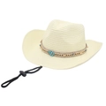 Detail of cream straw cowboy hat with ethnic beads, turquoise accents and wind rope - Crushed Stone Decor Style / Cream