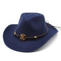Detail of blue wool felt cowboy hat featuring brown braided band and metal buckle - Navy Blue