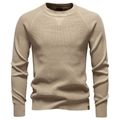 Detail of khaki waffle knit texture and round neck on a premium men's sweater - S / Apricot