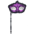 Elegant purple sequined masquerade mask with hand-held stick and silver rhinestones - Sequined Edge Handheld Style / Purple