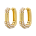 Elegant geometric gold plated rectangle hoop earrings with inlaid white pearls - 1 Pair / Gold