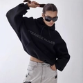 Oversized black hoodie with Strange Rule print and large kangaroo pocket in street style - S / Fleece Lined / Black