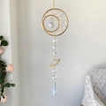 Handmade moon crystal suncatcher with gold wire weaving and hanging glass prisms - Rose Quartz