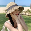 Beige crochet straw hat with black lace bow and polka dot mesh for women's sun protection - M / Black Mesh Flat Stitch-Beige