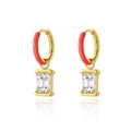 Golden hoop earrings with coral red detail and rectangular clear crystal pendants - Gold Coral Red Enamel Rectangle Stone