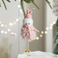 Pink plush snowman ornament with knitted sequin hat and golden bells, 17.5cm height - Snowman