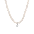 Collier élégant en perles d'eau douce naturelles avec pendentif boule argenté sur blanc - Argent 925 / Or Blanc