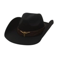 Classic black wool felt cowboy hat with leather band and metal bull head emblem - Gold Bull Head / Black