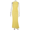 Detailed front view of yellow sleeveless dress featuring waist ruching and mesh fabric - S / Yellow