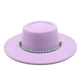 Detail of lavender felt flat top hat featuring ornate blue beaded chain trim - M (56-58cm) / Taro Purple
