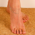 Bohemian silver multi-layer daisy chain anklet with toe ring on a sunny sandy beach - White K (WG-0470)