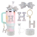 Silver glitter water bottle accessory set with rhinestone letter H and a large bow - Style 5 (Letter H)