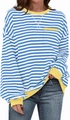 Detail of blue and white striped sweatshirt featuring yellow trim on collar and pocket - S / Blue & White