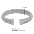 Silver minimalist vertical stripe stainless steel open bracelet, 12mm width spring cuff - Steel Color 12mm (SZ44)