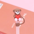 Silicone straw topper featuring a cute brown bear holding a red heart for 10mm tumblers - Bagged without Straw / Brown Heart Bear