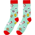 Detail of mint green cotton crew socks with red accents and funny chicken pattern - A1969-Mint Green Chicken And Egg