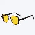 Steampunk vintage square sunglasses with yellow lenses and metal spring hinge detail - Black Frame Yellow Lens