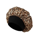 Faux silk leopard print sleep bonnet with black wide elastic band for hair care - Leopard Print