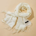 Classic cream white cashmere style scarf with elegant tassels and stitched fabric label - Milk White
