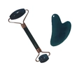 Dark green jade roller and heart-shaped gua sha tool set with rose gold metal accents - Dark Blue (Roller And Heart Scraper)