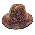 Close-up of sparkling colorful rhinestones on a vintage wool fedora hat for stage performance - M (56-58cm) / Rainbow Iridescent