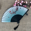 Blue gradient folding fan with red plum blossoms and black tassel on linen - No.42 Light Blue Red Plum Butterfly