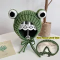 Green knit baby frog hat with ear flaps and warm fleece lining for winter comfort - Green Frog - Fleece Lined
