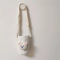 White canvas quilted water bottle sleeve with cute 3D plush bear head and adjustable strap - White/White Bear