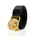 Men's black canvas belt with a gold automatic buckle featuring a rhinestone cross - Gold F151 Round Rhinestone Cross (Black)