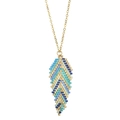 Detail of bohemian gold chain necklace featuring a colorful beaded leaf pendant - Leaf Style (XN179-1)