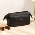 Black PU leather cloud makeup bag with gold zipper and Enjoy a pleasant trip text print - Black