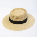 Detailed view of the woven natural straw texture and elegant black ribbon on the sun hat - Cream White French Boater Hat - Black Ribbon