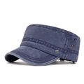 Men's washed blue cotton military flat top cap with metal logo plate and air eyelets - Adjustable / Navy Blue