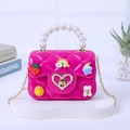 Rose red mini silicone jelly bag with cartoon patches and pearl handle detail - Rose Red (With Random DIY Patches)
