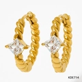 Twisted gold hoop earrings with square clear zircon stone in minimalist style - Gold White Zircon Style (KDE714)