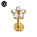 Piercing labret fleur en titane G23 doré orné de cinq zircons cubiques clairs - Grand (5.5mm Fleur) / Doré
