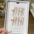 Pink and white cat eye press-on nails with pearls and bows, size selection set - Oxygen Sweetheart (White Pink Glitter Bow)