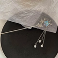 Silver metal hair pin with blue shell flower, butterfly accents and pearl tassels - Butterfly Flower