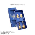 Christmas gold coffee spoon set with gingerbread man and snowman pendants in blue gift box - Gingerbread+Snowman Blue Box-Gold