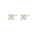 Elegant gold flower stud earrings featuring four round-cut zircons in a classic claw setting - Gold White Stone Flower Studs