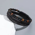 Handmade men's layered leather and beaded bracelet with tiger eye stones on white stone - Tiger Eye/Matte Black Beads/Brown Leather / Coffee