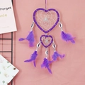 Purple double heart dreamcatcher wall hanging with natural feathers and shells - Purple