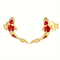 Elegant gold plated koi fish earrings with red enamel and sparkling zircon accents - Gold