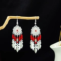 Bohemian ethnic drop earrings with red beads and silver leaf charms on wood branch - Red